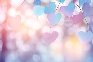 AI generated Valentine's Day abstract background. The nature background color tones appeared blurred with the light shining through the leaves The pastel color tones resembled a multicolored hearts. photo