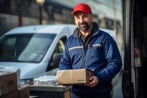 ai generado retrato de entrega hombre comprobación el paquete o empaquetar para entrega en frente de camioneta. foto