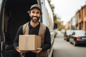 AI generated Portrait of delivery man checking the parcel for delivery in front of van. photo