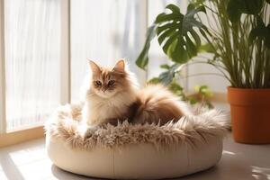 AI generated Cute fluffy cat resting in a pet bed, space for text. photo