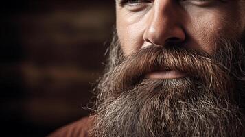 ai generado largo barba y Bigote de cerca en un ligero antecedentes con espacio para texto. generativo ai retrato de hermosa hombre con Bigote y barba. foto