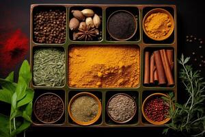 AI generated Indian spices used in Indian cooking sush as masala hot curry whole spices like turmeric. Top view of spices in boxes. photo