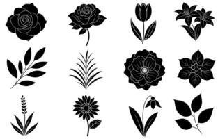 Collection of silhouette flower and leaf elements vector