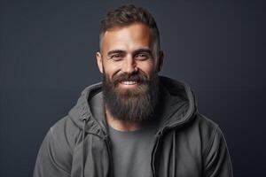 AI generated Studio shot of smiling bearded man, handsome brutal man. Space for text and black background. photo