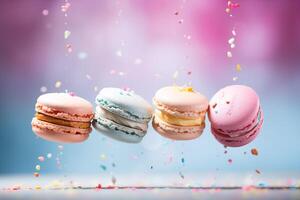 AI generated Colorful macarons flying in air. Sweet and colorful French macaroons falling or flying in motion. photo