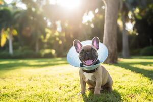AI generated Dog wearing a cone after surgery, treatment in the park, space for text. photo