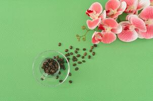 Creative spring layout made with coffee cup, roasted coffee beans and beautiful orchid flower on green background. Minimal concept. Trendy coffee with flowers idea. Spring aesthetic. Flat lay. photo
