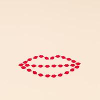 Creative love layout of lips shape made with red lips confetti on light beige background. Minimal love concept with kisses. Romantic style aesthetic idea. photo