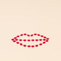 Creative love layout of lips shape made with red lips confetti on light beige background. Minimal love concept with kisses. Romantic style aesthetic idea. photo