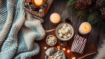 AI generated Date night with blankets, snacks, gift and activities, romantic mood, home decoration. photo