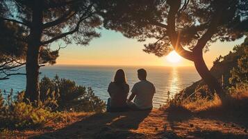 AI generated a romantic outdoor scene with a couple enjoying nature, travel, city, sunset photo