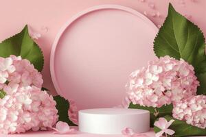 AI generated 3D podium display, pastel pink background with hydrangeas flower Minimal pedestal for beauty photo