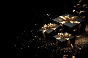 AI generated black gift boxes with golden ribbon and golden on isolated black background with blank space for text, for advertising photo