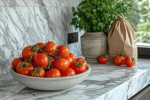 AI generated fresh produce and grocery bags sitting on top of a countertop professional advertising food photography photo