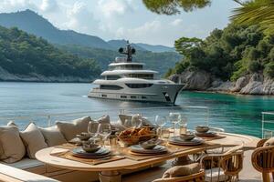 AI generated Dining table on the upper deck fancy yacht professional advertising food photography photo