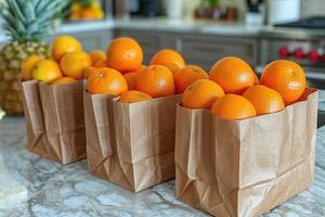 AI generated fresh produce and grocery bags sitting on top of a countertop professional advertising food photography photo