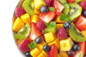 AI generated Fresh mixed fruits salad in a bowl professional advertising food photography photo