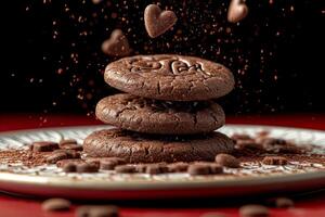 AI generated heart chocolate cookies flying in the air professional advertising food photography photo