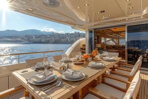 AI generated Dining table on the upper deck fancy yacht professional advertising food photography photo