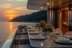 AI generated Dining table on the upper deck fancy yacht professional advertising food photography photo