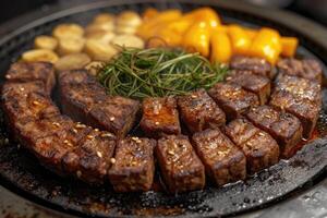 AI generated Delicious grilled meat with vegetables professional advertising food photography photo