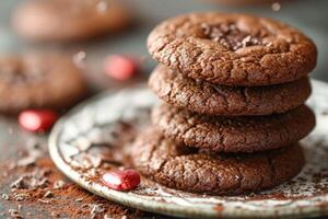 AI generated heart chocolate cookies flying in the air professional advertising food photography photo