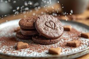 AI generated heart chocolate cookies flying in the air professional advertising food photography photo