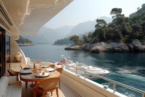 AI generated Dining table on the upper deck fancy yacht professional advertising food photography photo