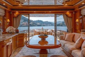 AI generated Dining table on the upper deck fancy yacht professional advertising food photography photo