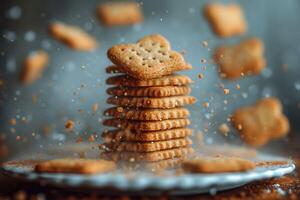 AI generated heart chocolate cookies flying in the air professional advertising food photography photo