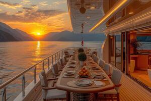 AI generated Dining table on the upper deck fancy yacht professional advertising food photography photo