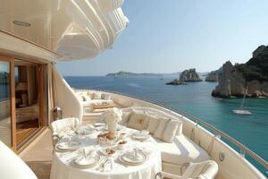 AI generated Dining table on the upper deck fancy yacht professional advertising food photography photo