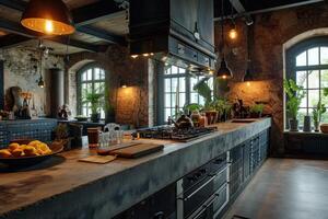 AI generated industrial kitchen design with concrete professional advertising photography photo