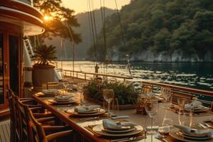 AI generated Dining table on the upper deck fancy yacht professional advertising food photography photo