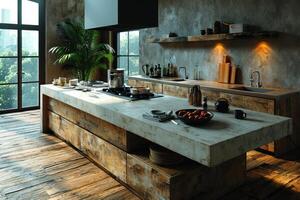 AI generated industrial kitchen design with concrete professional advertising photography photo