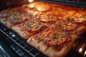 ai generado ver dentro el horno bandeja horneando Pizza profesional publicidad comida fotografía foto