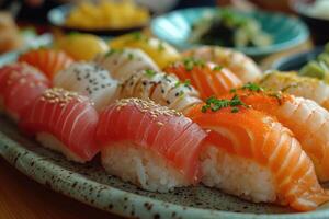 AI generated A plate of a well plated cooked Japanese dish on a table top professional advertising food photography photo