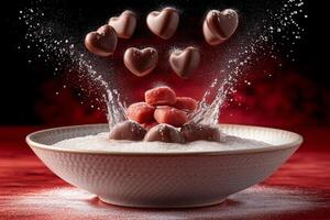 AI generated heart chocolate cookies flying in the air professional advertising food photography photo