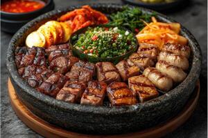 AI generated Delicious grilled meat with vegetables professional advertising food photography photo