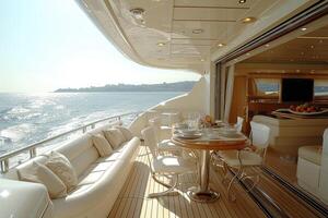 AI generated Dining table on the upper deck fancy yacht professional advertising food photography photo