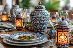 AI generated serves various meal to iftar Ramadan advertising food photography photo