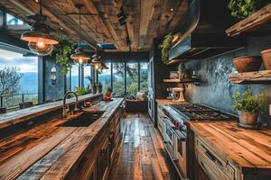 AI generated modern kitchen design with wooden flooring interior professional advertising photography photo