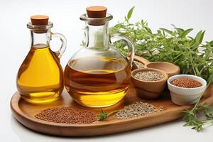 AI generated sesame oil extract with isolated kitchen table professional advertising food photography photo
