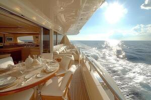 AI generated Dining table on the upper deck fancy yacht professional advertising food photography photo