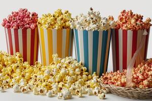 AI generated popcorn popping in striped cardboard bucket professional advertising food photography photo