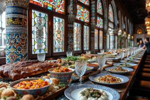 AI generated serves various meal to iftar Ramadan advertising food photography photo