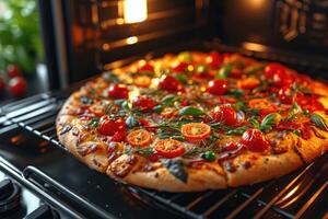 ai generado ver dentro el horno bandeja horneando Pizza profesional publicidad comida fotografía foto