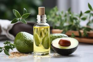 AI generated avocado oil extract with isolated kitchen table professional advertising food photography photo