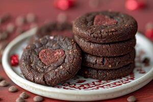 AI generated heart chocolate cookies flying in the air professional advertising food photography photo