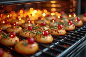 ai generado ver dentro el horno bandeja horneando Pizza profesional publicidad comida fotografía foto